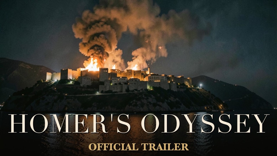 Troy burning at night, from the Odyssey trailer